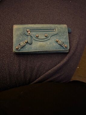 Balenciaga Teal Leather Zip-Around Wallet